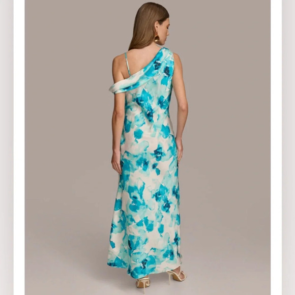 NWT Donna Karan Women's Blue Abstract Floral Printed One-Shoulder Draped Dress 6 - Picture 2 of 11